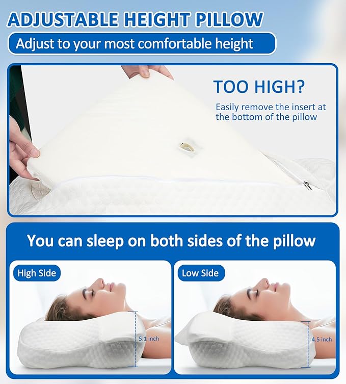 Cervical Neck Pillow for Sleeping, Memory Foam Pillow for Pain Relief, Orthopedic Contour Bed Pillow for Side, Back & Stomach Sleepers with Cooling Pillowcase