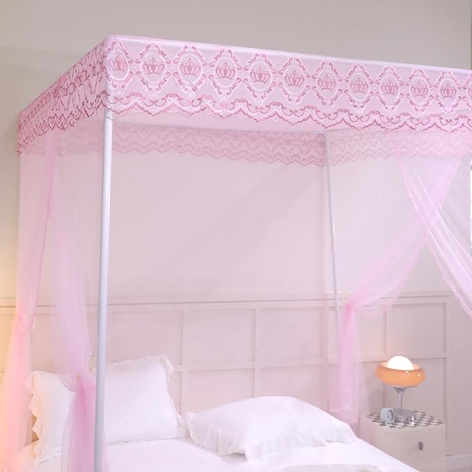 Bed Canopy, Princess Bed Curtain Net for Girls & Adults，Three-Doors Rectangle Lace Dome Netting (Baby Pink, Queen)