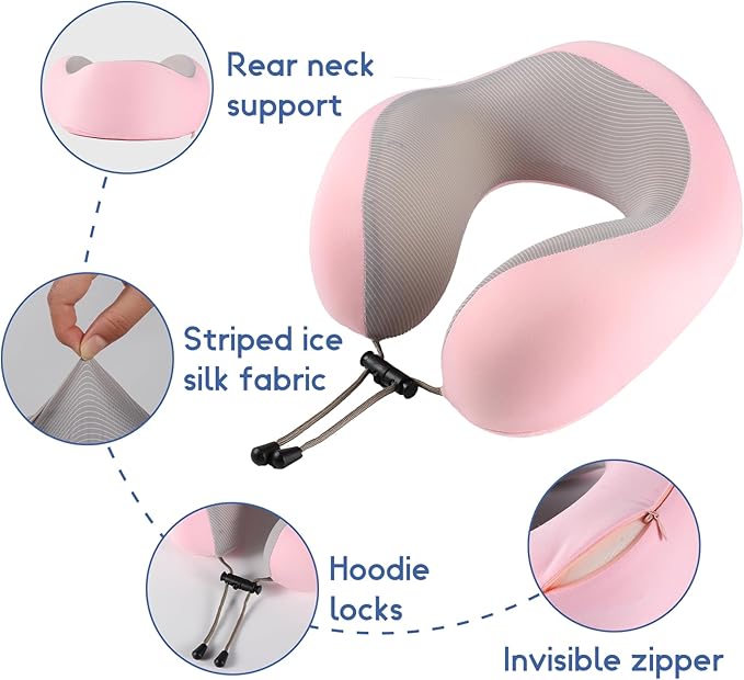Travel Neck Pillow, Curved Ergonomic Design, Ice Silk Fabric is Comfortable and Breathable, The Pillowcase is Removable. Comes with Portable Storage Bag and Ear Plugs (Pink)