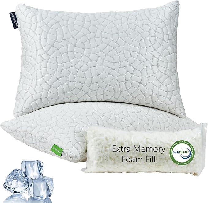 Cooling Pillows for Sleeping, Shredded Memory Foam Pillows 2 Pack, Bed Pillows Queen Size Set of 2, Adjustable Loft Soft or Firm Pillow for Side Back Stomach Sleepers with Cooling Cover