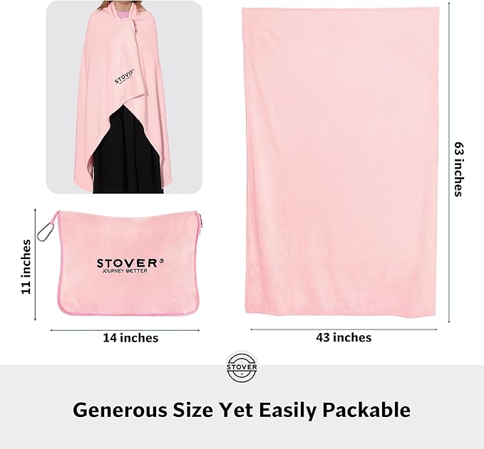 STOVER 2-in-1 Combo Airplane Travel Blanket & Pillow Bag- Lightweight, Compact, Packable, Warm Premium Fleece Set for Long Flights- w/Luggage Sleeve & Backpack Clip- for Men, Women & Families (Pink)