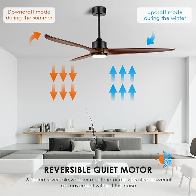 WINGBO 60 Inch DC Ceiling Fan with Lights and Remote Control, 3 Reversible Carved Wood Blades, 6-Speed Noiseless DC Motor, Modern Ceiling Fan in Matte Black Finish with Walnut Blades