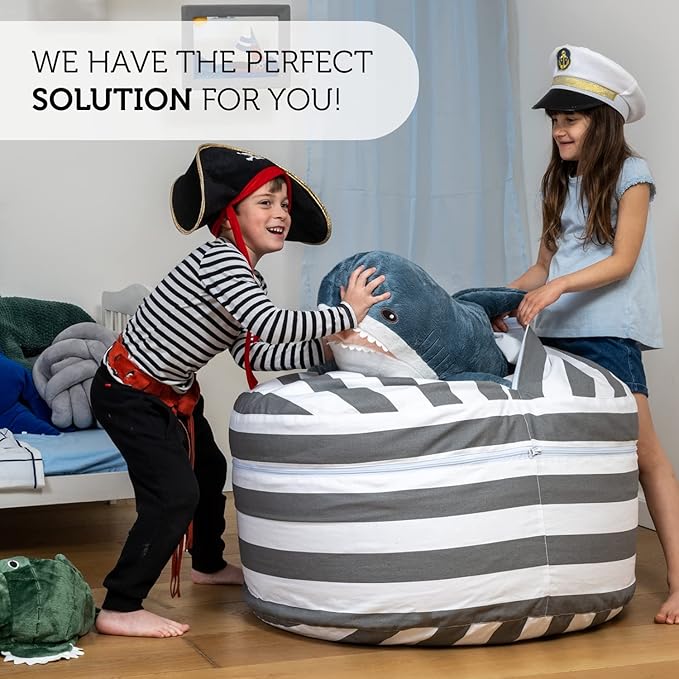 2 Sizes in 1 Stuffed Animal Storage Bean Bag Chair Cover for Kids & Adults | Washable XL Stuffie Seat | 100% Cotton | Pouf Organizer for Plush Toys, Linens, Quilts & Pillows | Royal Grey