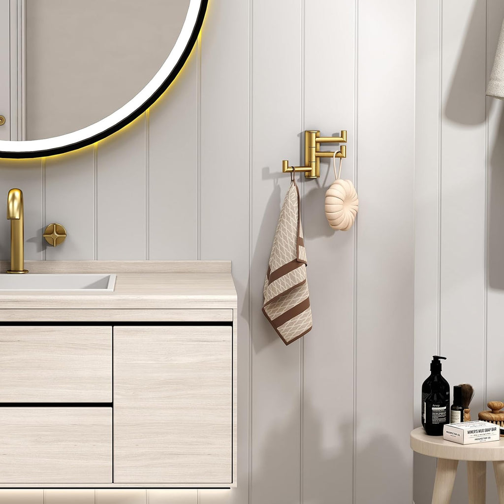 Angle Simple 3 Arms Towel Hook Brushed Gold, 304 Stainless Steel Swivel Triple Towel Holder, Folding Bathroom Hook, Wall Mount