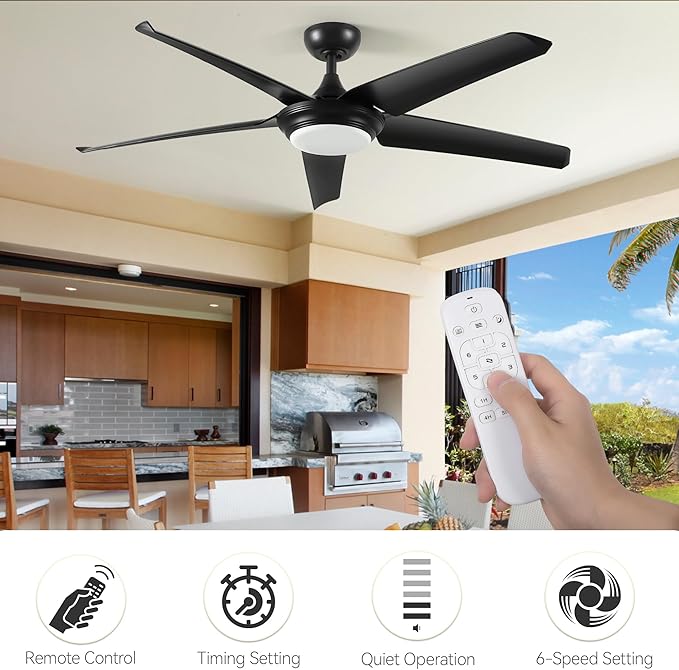 DWVO 56" Ceiling Fan with Light and Remote, Indoor Ceiling Fan Reversible Light Fixtures, 5 Blade Ceiling Fan with Memory 3 Color Temperature, 6 Speed Quiet DC Motor for Bedroom Living Room, Black