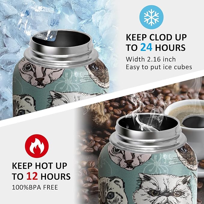 32 oz Cat Water Bottle Insulated Vacuum Stainless Steel Sports Water Bottle with 2 Lids (Straw and Spout Lid) for Gym Camping Hiking