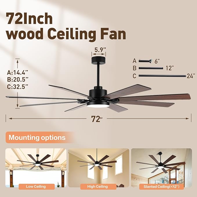 72Inch Large Ceiling Fan with Lights and Remote,Black Indoor & Outdoor Ceiling Fan for Living Room,Patio,6 Speed,Quiet DC Motor,3CCT,8 Wooden Blades