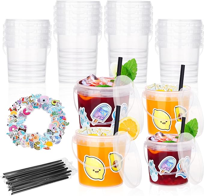30 Pcs Ice Cream Buckets with Lids and Handles Drink Rum Buckets for Parties Cocktails Reusable Clear Plastic Food Containers with 50 Pcs Summer Stickers
