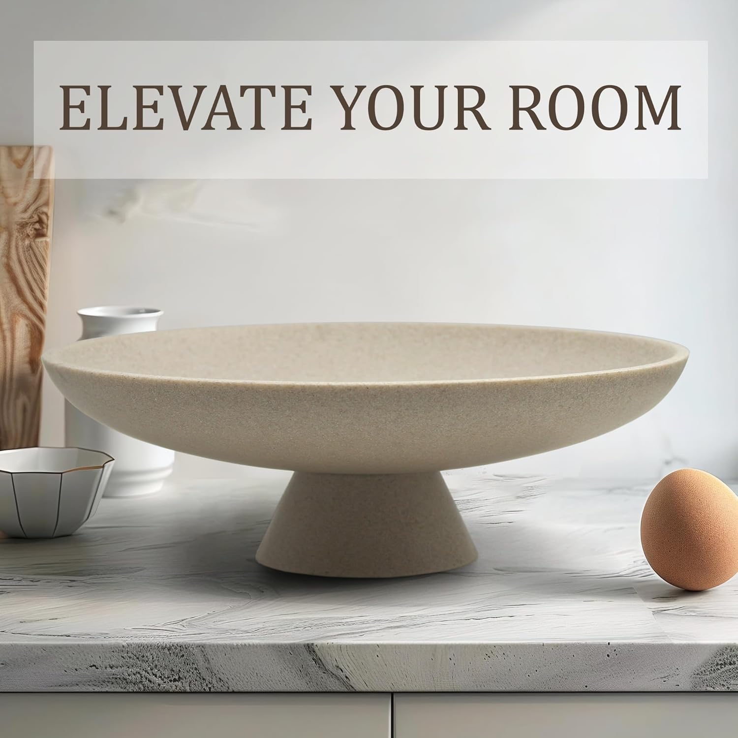 Large Decorative Bowl, Modern Resin Pedestal Bowl for Home Decor, Stylish Fruit Bowl for Kitchen Counter, Chic Key Holder for Entry Table, Beige