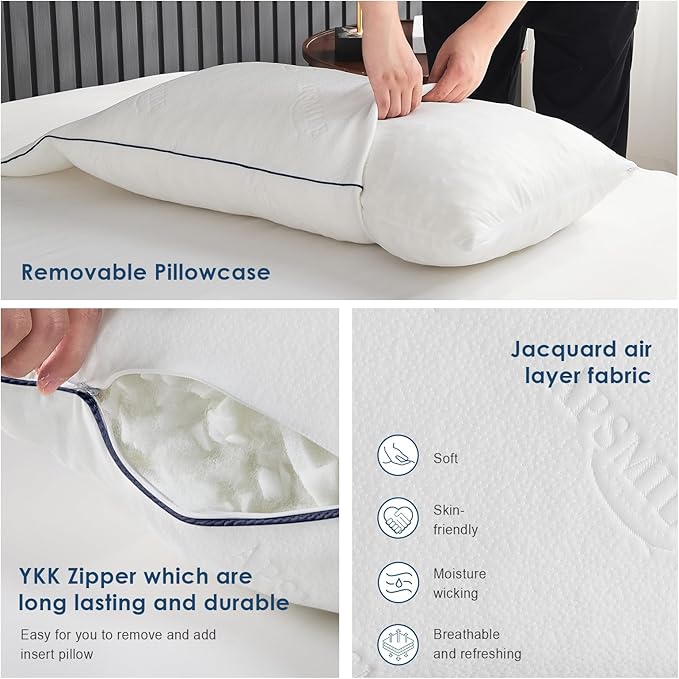 APSMILE Shredded Memory Foam Pillows King Size Set of 2, Adjustable Luxury Cooling Pillows for Neck Pain, Hotel Firm Bed Pillows for Sleeping, Essentials for Side/Back Sleeper (White,18"x34")