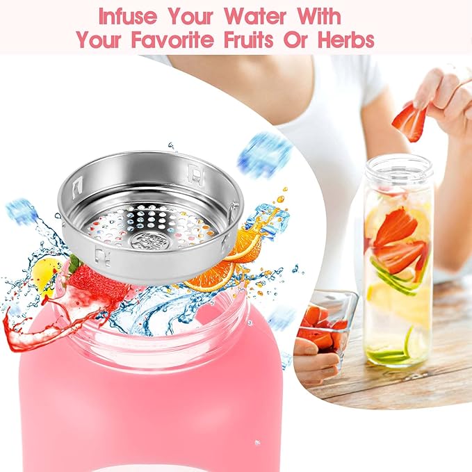 32 oz Glass Water Bottles with Straw - Motivational Glass Water Bottle with Time Marker & Silicone Sleeve - Reusable Glass Tumbler Includes 2 Bamboo Lids & Fruit Infuser - 1 Pack