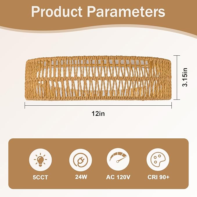 SineRise 12" Flush Mount Ceiling Light,25W LED Rattan Ceiling Light Fixture,Dimmable Handmade Boho Light Fixtures with Rattan,Farmhouse Lighting Fixtures Ceiling for Hallway Kitchen Bedroom(Gold)