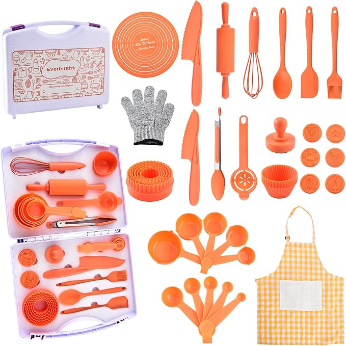 Cooking Set for Kids, 46 Piece Real Cooking Kids Baking Set with Organizer Carrying Case Girls, Kitchen Tools Kids Knife Set for Kid, Toddler, Gift, Toys