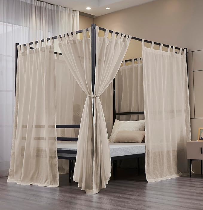 Mengersi Linen Canopy Bed Curtains for Twin,Full,Queen and King Size Bed,Bed Canopy Natural Blended Curtain Panels, 8 Panels Set (All Bed Sizes, Linen)