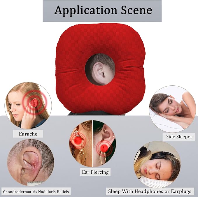 Ear Piercing Pillow for Side Sleepers, Pillow with an Ear Hole for CNH and Ear Pain Ear Inflammation Pressure Sores, O-Shaped Side Sleeping Pillow, Ear Guard Pillow (True Red)