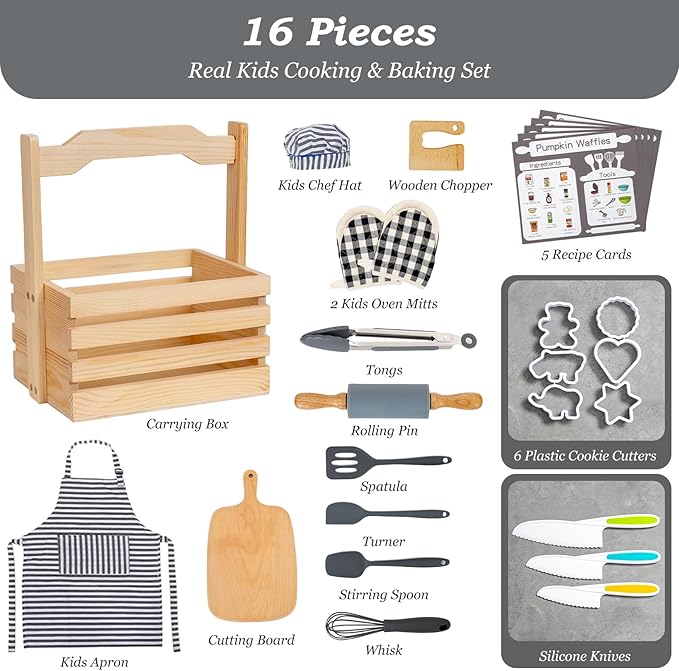 Kids Cooking & Baking Set, 16 Pcs Grey Real Kids Kitchen Utensils Set with Storage Case, Toddler Cooking Set, Toddler Chef Set for Junior Chef with Kids Apron & Hat, Kids Baking Sets for Boys & Girls
