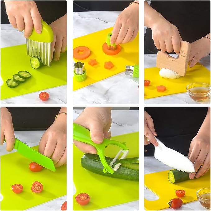 Real Cooking Set for Kids,13/17 Piece Kids Baking knife Set Kitchen Tools Include Wood Kids Safe Knife, Peeler, Cutting Board Potato Slicers for Boys, Kid, Toddler, Gift