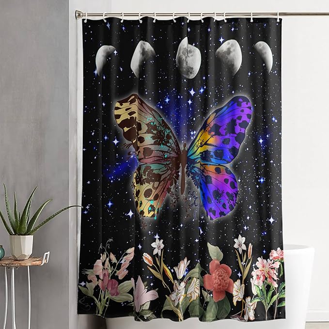 AILONEN Colorful Moth Shower Curtain,Sun and Moon Shower Curtain Set for Kids Girls Boys,Boho Natural Flowers Bath Curtain,Starry Night Bathroom Decor Shower Curtain with 12 Hooks,60" W*72" H