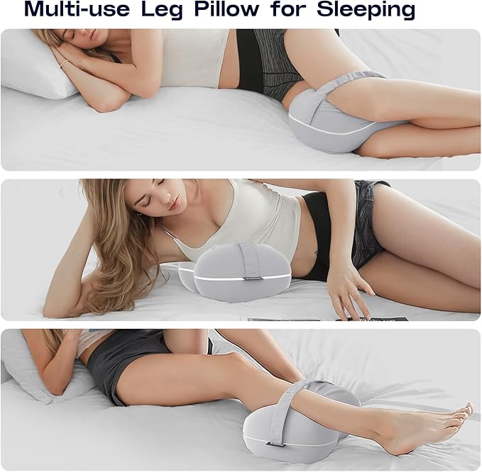 Cooling Leg Pillow for Side Sleeping - Pregnancy Knee Pillow with Strap - Memory Foam Knee Pillow for Side Sleepers Hip Pain Relief & Spine Alignment (Light Grey)