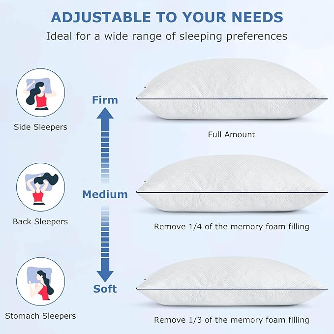 Cooling Bed Pillows King Size Set of 2 for Sleeping, Adjustable Shredded Memory Foam Pillows for Side Back Stomach Sleepers -Luxury Gel Pillows Hotel Pillows with Washable Removable Cover