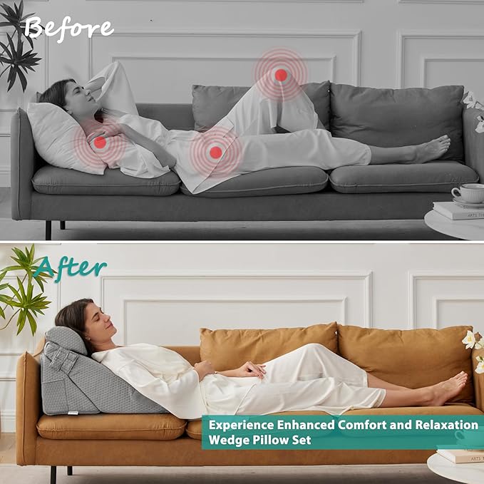 3Pcs Orthopedic Bed Wedge Pillow Set, Foam Wedge Pillow Post Surgery for Back, Leg and Knee Support, Adjustable 9&12 Inch Folding Triangle Pillow for Sleeping, Acid Reflux, Snoring, Grey