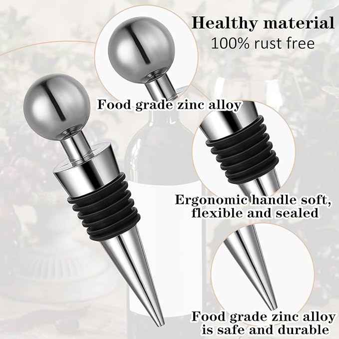 4 Pcs Wine Bottle Corks Wine Bottle Stoppers for Beverage, Reusable Silicone Vacuum Wine Bottle Corks Stopper for Glass Bottles Party Wedding Bar Wine Stopper (Silver)