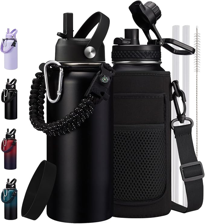 32oz Insulated Water Bottle Flask - Cold-48h & Hot-24h, Stainless Steel Water Bottle Hydro Cup with Paracord Handle, Straw & Spout Lids, Strap Carrier Bag, Meta Water Bottle for Sports Fitness Hiking