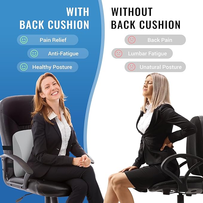 Lumbar Support Pillow for Office Chair Car Seat Cushion for Lower Back Sciatica Pain Relief Firm Memory Foam Pillows Wedge Chairs Cushions with Dual Straps (Cooling Grey)