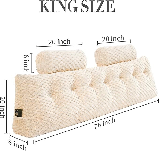 Wedge Headboard Pillow - Bed Wedge Pillow for Headboard Triangular Headboard Pillow with Neck Roll Pillow-Large Bolster Pillow for Sitting in Bed Backrest Positioning Support (Beige,76x8x20 Inches)