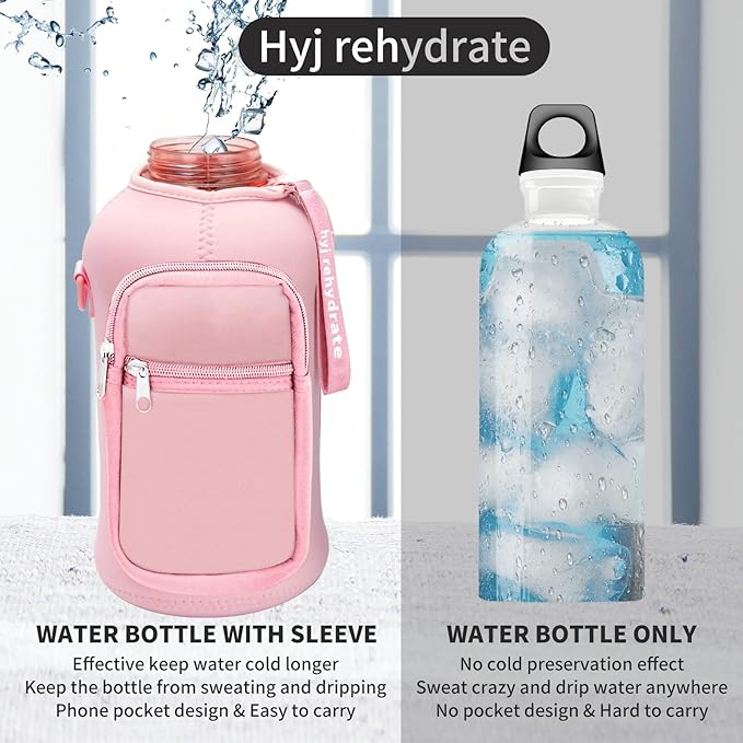 2.2L Half Gallon Water Bottle with Storage Sleeve and Covered Straw Lid -BPA Free Reusable Large Water Jug with Handle-Big Sports Water Bottle 2.2 Liter (74 Ounce),pink