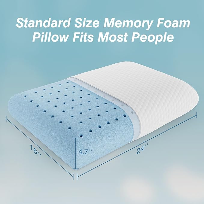 Sweetcrispy Memory Foam Pillows - Standard Size Neck Pillow, Ventilated Cooling Bed Pillow with Removable Cover, Comfort and Support, Best for Side, Back, and Stomach Sleepers, Living Room, White