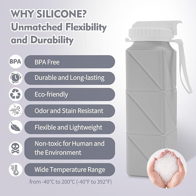 20 oz Water Bottle Collapsible | BPA Free Leakproof Lightweight Foldable Silicon Water Bottles | Twistable Water Cup | for Travel Gym Hiking Outdoor Camping Running Cycling Sports (Gray)