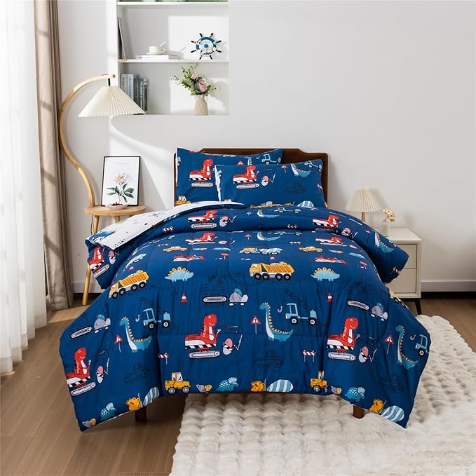Meeting Story Construction Truck Car Full Comforter Set for Boys,5 Pieces Dinosaur Bedding Set with Sheets and Pillowcases，Excavator Lightweight Microfiber Bedding Sets（Blue，Full5pcs）