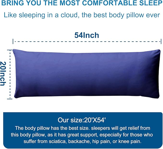 DOWNCOOL Large Body Pillow Insert- Breathable Full Body Pillow for Side Sleeper - Soft Long Bed Pillow for Adults - 20 x 54 inch （Blue）