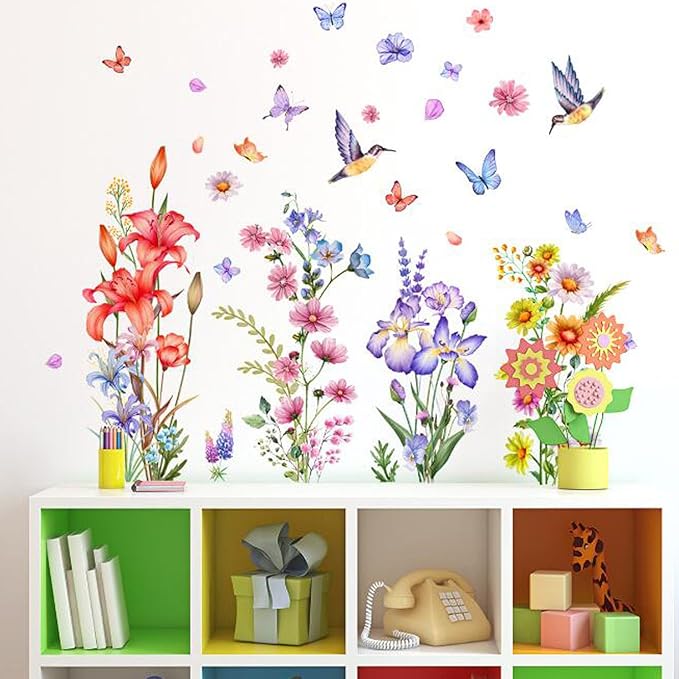 2PCS Colorful Flower Butterfly Wall Stickers, Removable DIY Cartoon Flower Blossom Wall Murals Stick 3D Wall Art Stickers Home Decor for Girls and Boy Bedroom Living Room