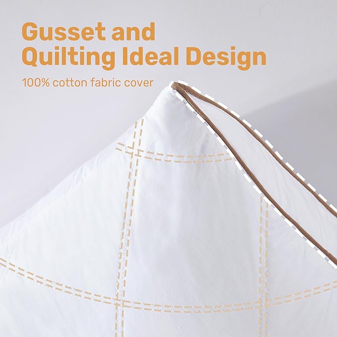 UNIKOME Natural Goose Feathers and Down Pillow - King Size Set of 2, Medium Firm Pillow with 100% Cotton Cover, Gussted & Quilting Design Hotel Collection Bed Pillows for Back, Stomach, Side Sleeping