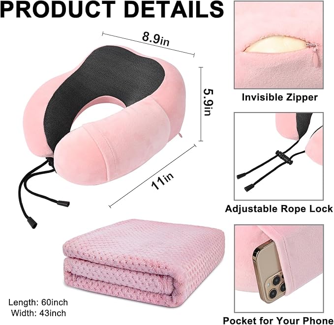 Travel Pillow and Blanket Set Neck Pillow Airplane Memory Foam for Traveling Compact with Bag Pink