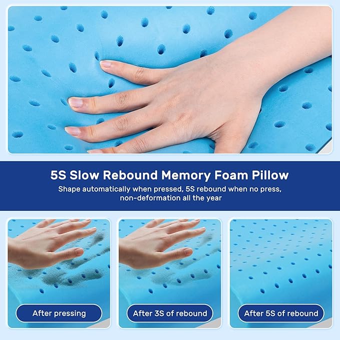 Memory Foam Pillows Cooling Pillow for Hot Sleepers Neck Pillow Bed Pillow for Sleeping Ergonomic Cervical Pillow Orthopedic Contour Pillow for Side Back-Blue White