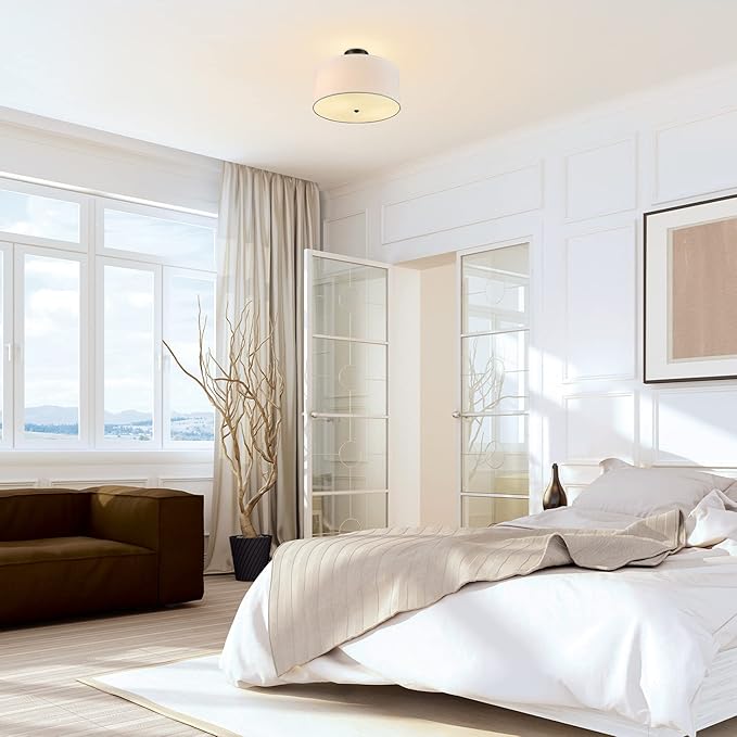 Globe Electric 61272 Maria 1-Light Flush Mount Ceiling Light, Dark Bronze, White Fabric Shade,Brown, Bulb Not Included