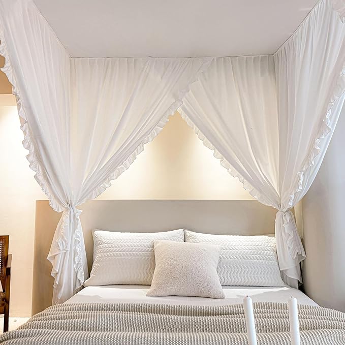 AIKASY Princess Canopy Bed Curtains with Top Ties - Windproof & Lightproof for Girls' Adult Bedroom Decor | Bed Canopy Drapes (Queen,White)