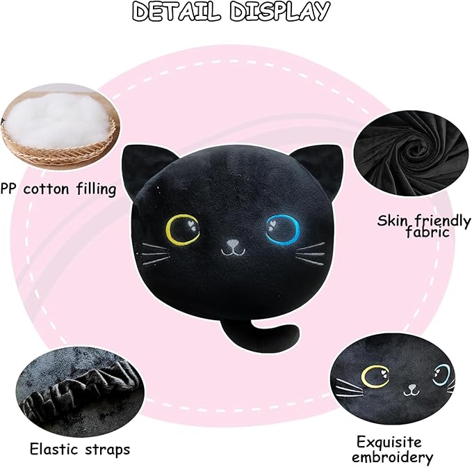 2 Pack Car Headrest Pillow, Cute Neck Pillow for Car Seat Comfortable Soft Head Neck Rest Cushion Seat Neck Support Cartoon Car Pillow for Driving, Travelling, Home Décor - Black Cat