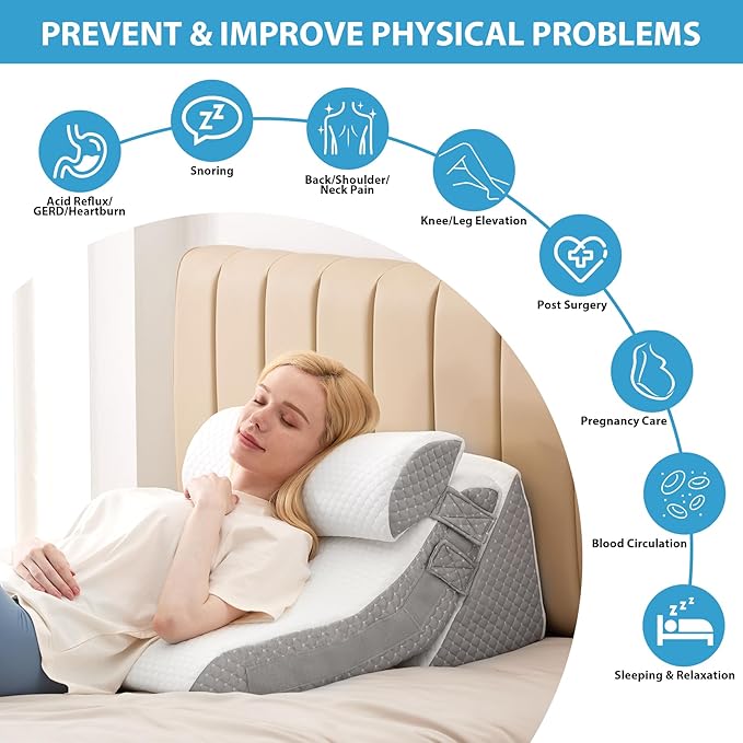 3PCS Bed Wedge Pillow for Sleeping, Adjustable Memory Foam Wedge Pillow for Back Leg Pain Relief, 23” Wide Triangle Pillow Wedge for Post Surgery, Acid Reflux, GERD & Snoring, White/Grey