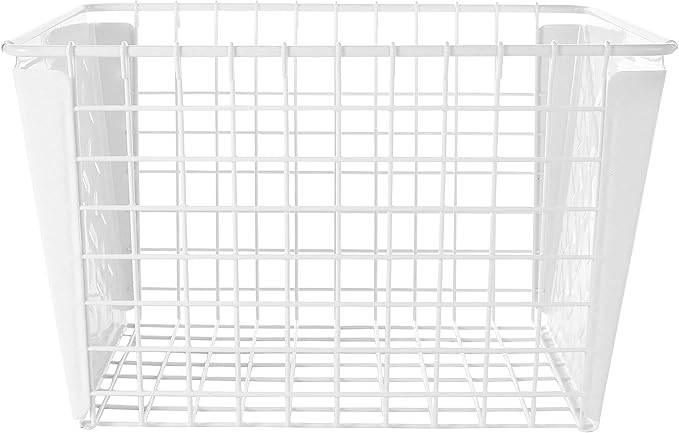 Tovolo Macklin, Stamped Steel & Wire Basket for Closet & Cubby Storage Vintage-Inspired Design with Customizable Label Plate, Medium, White