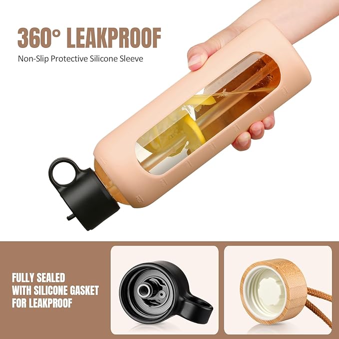 24oz Glass Water Bottle With 2 Lids-Flip Straw Lid, Bamboo Lid, Glass Water Bottle With Silicone Sleeve, Motivational Time Marker, Glass Juice Bottle for Cold Drink,Amber