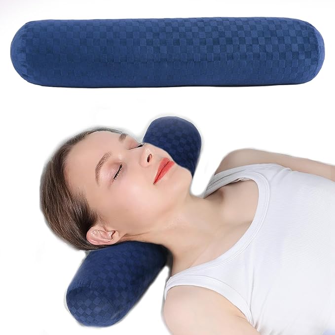 Health Cervical Neck Roll, Comfortable and Highly Resilient Bolster Pillows, Round Neck Pillows Support for Sleeping, Large Size Bolster Pillow for Bed, Legs, Back and Yoga (Checkerboard--Blue)