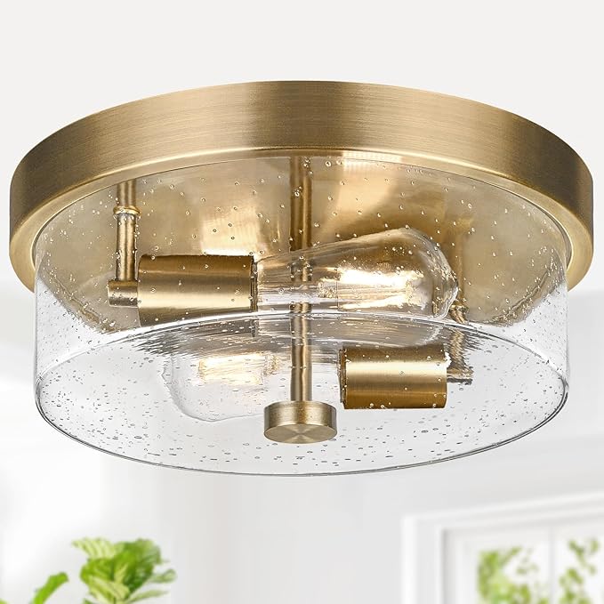 Flush Mount Ceiling Light Fixtures, 2-Light Brass Ceiling Mount for Farmhouse with Seeded Glass Lampshade, Industrial Hall Flush Mount Light Fixture for Hallway, Kitchen, Entryway, Bedroom and Foyer