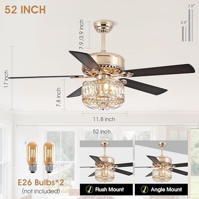 Chandelier Ceiling Fans with Lights - 52 Inch Modern Farmhouse Fandelier Ceiling Fan with Remote, Crystal Ceiling Fan Light for Bedroom Living Dining Room, Dual Finish Wooden Blades, Gold