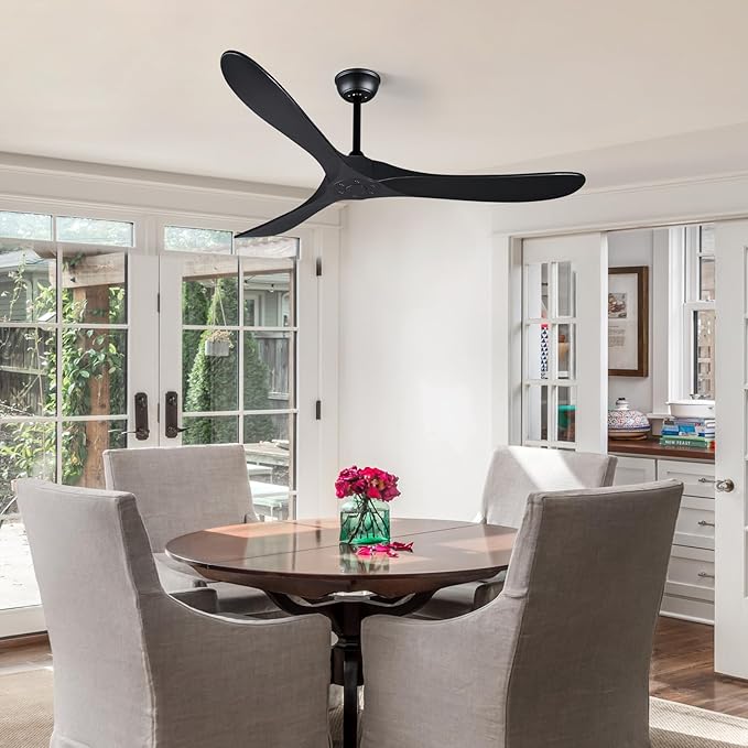 Bigzone 60" Black Ceiling Fan No Light, Energy Efficient DC Motor, 3 Brown Balsa Wood Blades, Wood Ceiling Fan with Remote Control, Reversible Blades