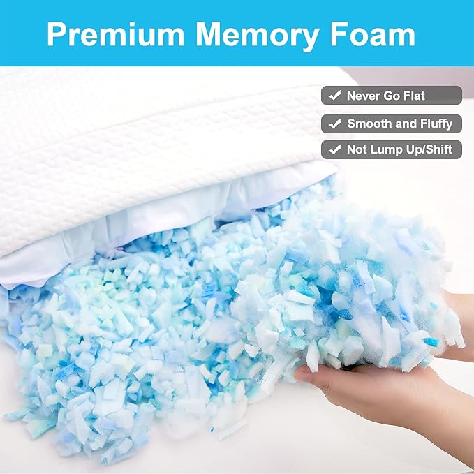 Side Sleeper Pillow Anti Wrinkle Aging Pillow Gel Shredded Memory Foam for Neck Pain Relief Pillow for Sleeping Side Back Stomach Sleeper Pillows (Regular White Style+Grey Rayon Silk Pillowcase)