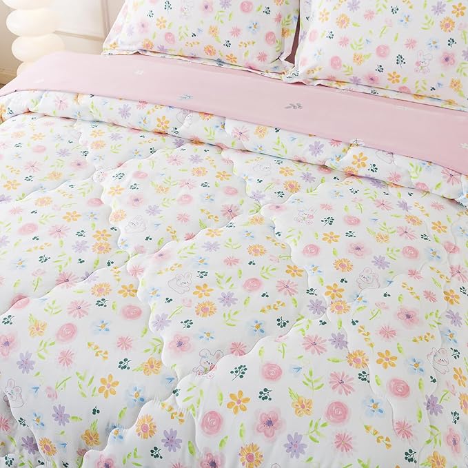 Wajade Floral Comforter Set Bed in A Bag Twin Size 7 Piece Pink Botanical Flower and Green Leaves Bedding Set for Girls (1 Comforter, 1 Flat Sheet, 1 Fitted Sheet, 2 Pillowcase and 2 Pillow Sham)